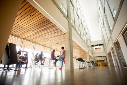 Group of students hang out in the Centre for Health and Science