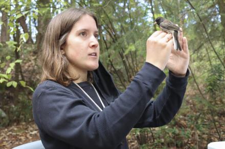 Samuelle Simard-Provençal holds a small bird in her hands.